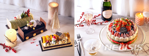 【서울=뉴시스】그랜드 인터컨티넨탈 서울 파르나스 '그랜드 델리'의 '마리아주 세트'(왼쪽)와 '욜로 크리스마스 케이크'.