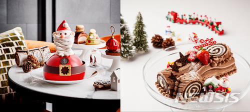 【서울=뉴시스】포시즌스 호텔 서울 '카페 컨펙션 바이 포시즌스'(왼쪽)의 '초콜릿 무스 케이크'와 켄싱턴 제주 '더 뷰'의 '크리스마스 스페셜 케이크'.