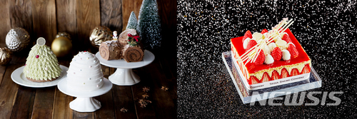 【서울=뉴시스】그랜드 앰배서더 서울 풀만 '로비라운지 & 델리'(왼쪽)와 JW 메리어트 동대문 스퀘어 서울 '서울 베이킹 컴퍼니'의 '크리스마스 케이크'.