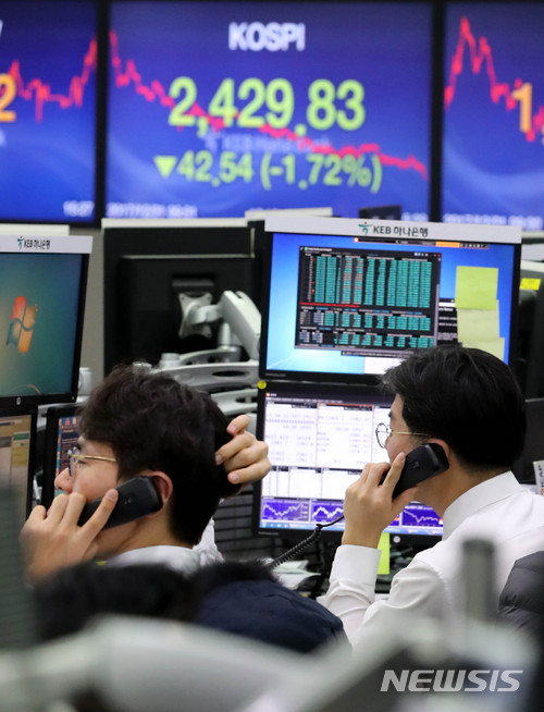 【서울=뉴시스】박주성 기자 = 코스피 지수가 전일보다 42.54포인트 하락한 2429.83에 거래를 마감해 21일 오후 서울 중구 KEB하나은행 본점 딜링룸에서 직원들이 업무를 보고 있다. 2017.12.21.&nbsp; park7691@newsis.com