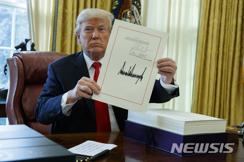 【워싱턴=AP/뉴시스】1월 미국 소비자들의 신뢰도가 하락세를 보였다. 미시간대학이 발표하는 1월 소비자태도지수(예비치)는 전월 95.9에서 94.4로 내렸다. 1월 미시간대학 소비자태도지수는 지난해 7월 이후 최저치를 기록했다. 로이터 전망치는 97.0이었다. CNBC뉴스는 19일(현지시간) 미시간대학 소비자태도지수가 도널드 트럼프 행정부의 세제 개편 효과에 대한 불확실성 등으로 3개월째 하락했다면서 이같이 보도했다. 도널드 트럼프 미국 대통령이 지난해 12월 22일 세제개편안에 공식 서명한 뒤 이를 들어보이고 있다. 2018.01.20.