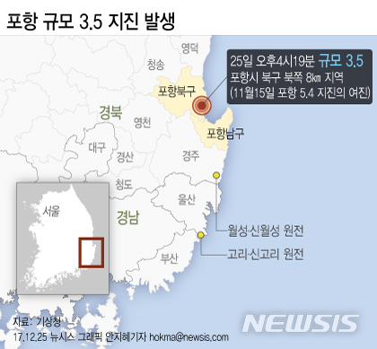 【서울=뉴시스】안지혜 기자 = 25일 기상청에 따르면 이날 오후 4시19분께 경북 포항시 북구 북쪽 8㎞ 지역에서 규모 3.5의 지진이 발생했다. hokma@newsis.com