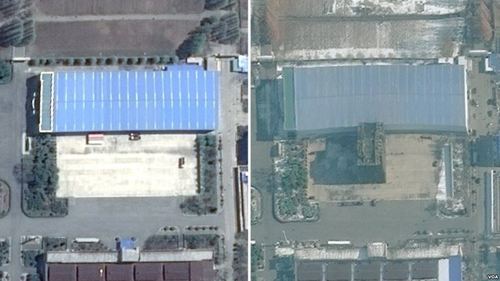 【서울=뉴시스】북한 평안남도 평성 소재 '3월16일 공장'을 지난해 4월 촬영한 '구글어스/DigitalGlobe' 제공 위성사진(왼쪽)과 지난해 11월 21일 촬영한 '테라서버/디지털글로브(TerraServer/DigitalGlobe)' 제공 위성사진. 미국의소리(VOA)방송은 지난해 10월 24일 같은 장소를 촬영한 위성사진에는 없던 대륙간탄도미사일(ICBM) 조립건물이 같은해 11월 21일 사진에는 완공돼있었다고 4일(현지시간) 보도했다. 2018.01.05