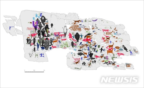 【울산=뉴시스】구미현 기자 = 울산대 반구대암각화유적보존연구소는 8일 암각화에서 새로운 그림을 추가로 발견했다고 밝혔다. 353점의 그림에 색깔을 넣어 분류한 반구대암각화의 실측 도면. 2018.01.08. (사진=울산대 제공)photo@newsis.com