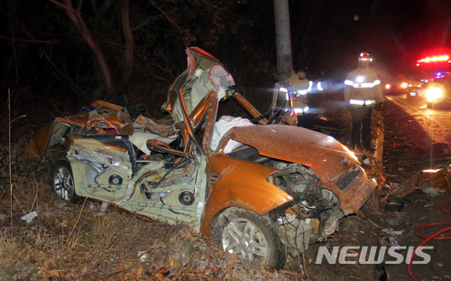 【강진=뉴시스】= 9일 오전 4시45분께 전남 강진군 성전면 한 도로에서 승용차량이 전신주를 받아 2명이 숨졌다. 2018.01.09. (사진=전남경찰청 제공) photo@newsis.com