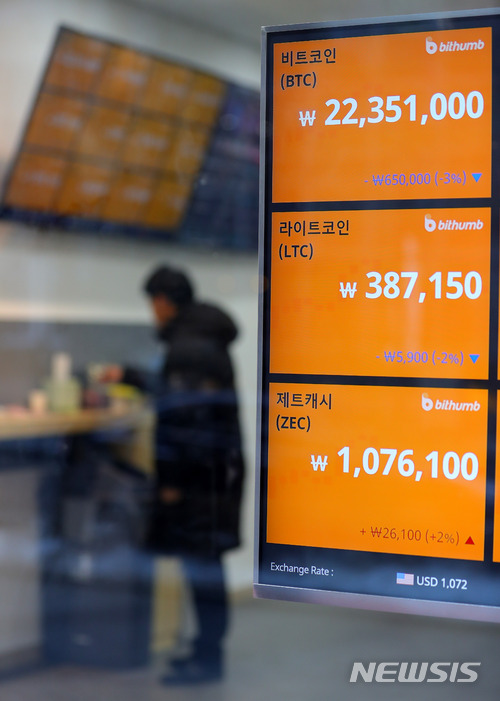 【서울=뉴시스】배훈식 기자 = 가상화폐에 대한 정부의 규제 대책 발표와 검찰의 비트코인 범죄수익 추징·몰수 관련 대응방안 검토 소식이 알려진 10일 오후 서울 중구의 한 가상화폐 거래소 전광판에 표시된 비트코인 가격이 하락세를 보이고 있다. 2018.01.10. dahora83@newsis.com
