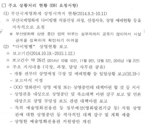 【서울=뉴시스】 부산국제영화제 출품작 '다이빙벨' 상영 추진경과 (당시 문체부 작성). 2018.01.11. (사진 = 홈페이지 캡처) photo@newsis.com 