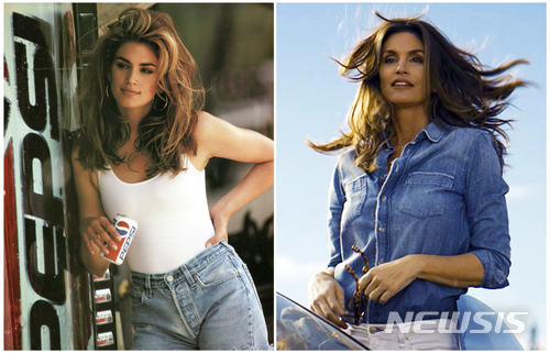 【뉴욕=AP/뉴시스】 톱모델 신디크로포드가 다음달 2월4일 열리는 '슈퍼볼 52'의 펩시 TV광고에 출연한다. 왼쪽은 신디크로포드가 1992년 촬영한 펩시 광고, 오른쪽은 최근 촬영한 광고 장면이다. 2018.1.12