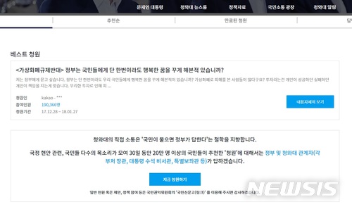 【서울=뉴시스】 정부의 가상화폐 규제를 반대하는 청와대 국민 청원 추천자가 15일 19만명을 넘어서면서 답변 기준 20만명에 다가섰다. (사진=청와대 홈페이지). 2018.01.15. photo@newsis.com 