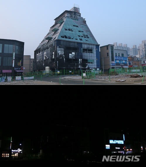 【제천=뉴시스】강신욱 기자 = 충북 제천시 하소동 스포츠센터 화재 참사가 발생한 지 꼭 한 달인 21일 오전 8시께 참사 현장과 주변은 인적이 드물어 한산하다(위). 아래 사진은 전날 오후 8시께 같은 장소 화재 건물(가운데)에 불빛이 없어 컴컴하다. 2018.01.21. ksw64@newsis.com