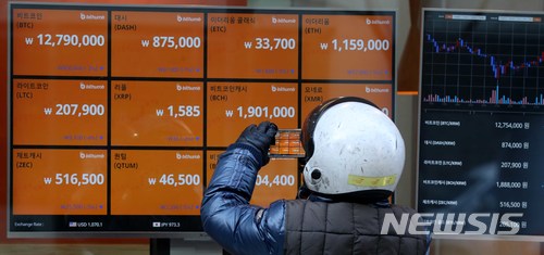 【서울=뉴시스】고범준 기자 = 정부가 오는 30일 거래실명제를 시행한다고 밝히며 비트코인은 1,200만원대로 주춤하며 암호화폐 가격 대부분이 하락세를 보이고 있는 24일 오후 서울 중구 가상화폐 거래소 빗썸에 설치된 전광판에 비트코인을 비롯한 각종 가상화폐 가격 정보가 표시되고 있다. 최근 가상화폐거래소 해킹, 개인정보 유출 등 사이버 침해사고가 발생함에 따라 방송통신위원회는 오늘 전체회의를 열고 가상화폐 거래사이트를 운영하는 사업자 중 '정보통신망 이용촉진 및 정보보호 등에 관한 법률'(정보통신망법)을 위반한 것으로 나타난 8개 사업자에 대해 과태료 총 1억4,100만원과 위반행위 즉시 중지와 재발방지 대책 수립 보고 등 시정명령 하기로 의결했다. 2018.01.24.&nbsp; bjko@newsis.com
