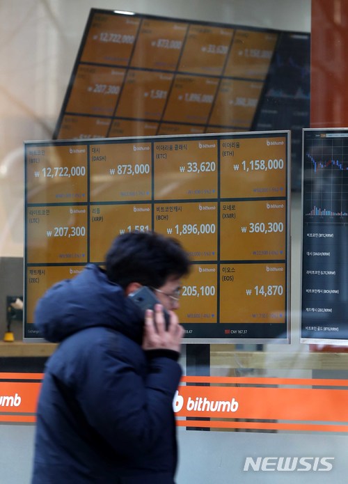 【서울=뉴시스】고범준 기자 = 정부가 오는 30일 거래실명제를 시행한다고 밝히며 비트코인은 1,200만원대로 주춤하며 암호화폐 가격 대부분이 하락세를 보이고 있는 24일 오후 서울 중구 가상화폐 거래소 빗썸에 설치된 전광판에 비트코인을 비롯한 각종 가상화폐 가격 정보가 표시되고 있다. 최근 가상화폐거래소 해킹, 개인정보 유출 등 사이버 침해사고가 발생함에 따라 방송통신위원회는 오늘 전체회의를 열고 가상화폐 거래사이트를 운영하는 사업자 중 '정보통신망 이용촉진 및 정보보호 등에 관한 법률'(정보통신망법)을 위반한 것으로 나타난 8개 사업자에 대해 과태료 총 1억4,100만원과 위반행위 즉시 중지와 재발방지 대책 수립 보고 등 시정명령 하기로 의결했다. 2018.01.24.   bjko@newsis.com