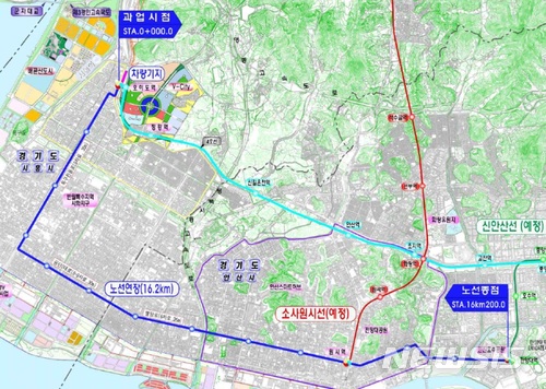 【시흥=뉴시스】 경기 시흥시가 추진하려는 정왕권 트램 사업 노선안(파란색 선).