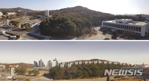 【대전=뉴시스】 매봉근린공원 개발 전(사진 위)·후(아래) 예상 모습. 기존 계획대로 진행될 경우 정부출연연구기관인 ETRI와 인접한 지역에 최고 12층 높이의 아파트가 들어서게 된다. (사진=ETRI 제공)