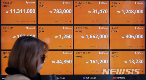 【서울=뉴시스】추상철 기자 = 가상화폐 시세가 급락 후 상승 전환으로 이어진 1일 오전 서울 중구 가상화폐거래사이트 고객센터 앞에서 시민이 가상화폐 시세 전광판 앞을 지나고 있다. 2018.02.01. scchoo@newsis.com