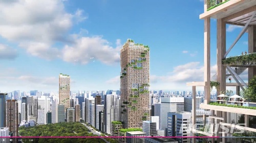 【서울=뉴시스】일본 스미토모임업이 구상하고 있는 70층 규모 목조 빌딩 완성 이미지.(사진출처: 스미트모임업 홈페이지 영상 캡처)