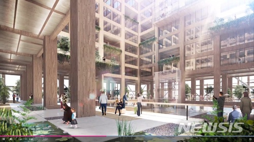 【서울=뉴시스】일본 스미토모임업이 구상하고 있는 70층 규모 목조 빌딩의 내부 이미지.(사진출처: 스미트모임업 홈페이지 영상 캡처)