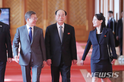 【서울=뉴시스】문재인 대통령이 10일 청와대 본관에서 김여정 노동당 중앙위원회 제1부부장, 김영남 최고인민회의 상임위원장과 오찬장인 충무실로 이동하고 있다. 2018.02.10. photo1006@newsis.com