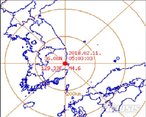 【안동=뉴시스】류상현 기자 = 경북도의 지진상황판에 기록된 진앙지. 2018.02.11 (사진=경북도 제공) photo@newsis.com 