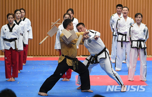 【서울=뉴시스】 사진공동취재단 = 태권도 W T(남,세계태권도연맹)와 ITF(북,국제태권도연맹) 시범단이 12일 오후 서울 시청 다목적홀에서 열린 남북 태권도 합동 시범 공연에서 남(왼쪽)과 북이 함께 격파 시범을 보이고 있다. 2018.02.12 photo@newsis.com
