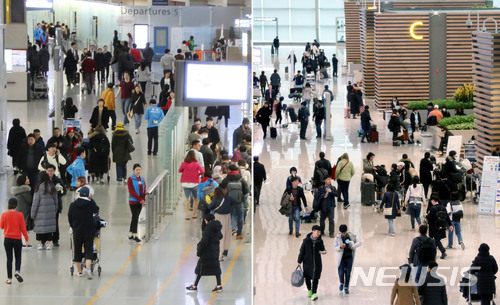 【인천공항=뉴시스】홍찬선 기자 = 지난 1월18일 개항한 인천공항 제2여객터미널로 승객들이 분산되는 효과가 발생하고 있다. 설 연휴를 하루 앞둔 2월14일 오전 인천공항 제1여객터미널(T1·왼쪽)과 제2터미널(T2) 출국장의 모습. 인천공항 제1터미널 5400만명, 2터미널은 1800만명의 여객을 처리할수 있게 됐다. 2018.02.14 mania@newsis.com