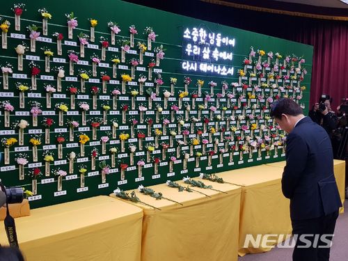 【대구=뉴시스】정창오 기자 = 8일 오전 대구 달서구 상인동 대구도시철도공사 강당에서 열린 대구지하철 중앙로역 화재참사 15주기 추도식에 참석한 권영진 대구시장이 분향·헌화 후 묵념하고 있다. 2018.02.18.&nbsp; jco@newsis.com