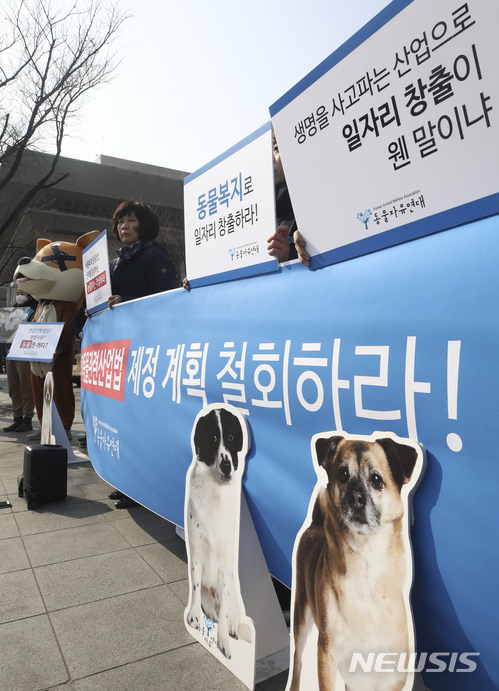 【서울=뉴시스】최진석 기자 = 20일 오전 서울 종로구 세종로공원에서 동물자유연대 회원들이 '펫숍 79마리 방치 치사사건 고발 및 반려동물 영업규정, 관리·감독 강화 촉구' 기자회견을 하고 있다.이날 회원들은 "펫숍 사건에 대한 철저한 수사와 강력 처벌을 촉구"하며 "반려동물산업육성법 제정 즉각 철회 촉구"를 주장했다. 2018.02.20. myjs@newsis.com