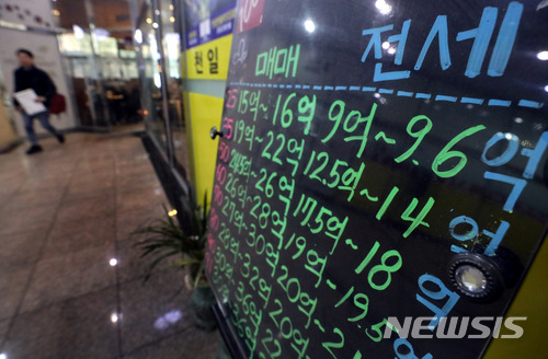 【서울=뉴시스】임태훈 기자 = 서울 아파트 전셋값이 약 3년7개월만에 하락전환했다. 22일 한국감정원에 따르면 주간 아파트 가격동향에 따르면 19일 기준 서울 전세가격은 전주대비 0.02% 하락했다. 서울 아파트 전셋값이 하락한 것은 지난 2014년 6월 첫째주 이후 처음이다. 경기 등 접근성이 양호한 인접 신규 택지지구 공급 영향으로 약 3년8개월(193주)만에 하락 전환한 것으로 분석된다. 사진은 이날 오후 서울 서초구 한 부동산 중개업소의 전세 시세표 안내문의 모습. 2018.02.22. taehoonlim@newsis.com