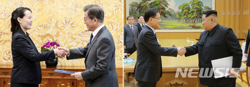 【서울=뉴시스】 문재인 대통령의 친서를 가지고 수석 대북특사로 방북한 정의용 청와대 안보실장이 김정은 국무위원장을 만나 전달한 친서 사진이 공개되어, 남북 친서내용의 궁금증을 자아내며 북한 김여정 제1부부장이 문재인 대통령에게 전달한 친서가 다시금 조명받고 있다. 왼쪽 사진은 지난 2월 10일 문재인 대통령이 청와대를 방문한 김여정 노동당 중앙위원회 제1부부장으로부터 김정은 위원장의 친서를 받는 모습이며 오른쪽 사진은 5일 김정은 국무위원장이 평양을 방문한 정의용 수석대북특사로부터 문재인 대통령의 친서를 전달받는 모습. 2018.03.06. (사진=뉴시스 DB)&nbsp; photo@newsis.com 