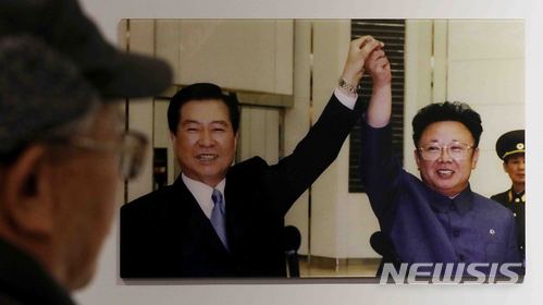 【파주=뉴시스】한 관람객이 2000년 6월13일 김대중 대통령과 김정일 국방위원장이 맞잡은 손을 포착한 사진을 바라보는 모습. (사진뉴시스DB). 2018.03.07.