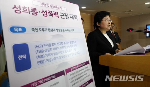 【서울=뉴시스】고범준 기자 = 정현백 여성가족부 장관이 8일 오전 서울 종로구 세종대로 정부서울청사 브리핑룸에서 직장 및 문화예술계 성희롱-성폭력 근절 대책 발표를 하고 있다. 2018.03.08.&nbsp; bjko@newsis.com