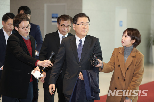 【인천공항=뉴시스】권현구 기자 = 북한 방문 결과를 미국에 공유하고자 출국했던 정의용 청와대 국가안보실장과 서훈 국가정보원장이 11일 오후 인천국제공항을 통해 귀국하고 있다. 2018.03.11. photo@newsis.com