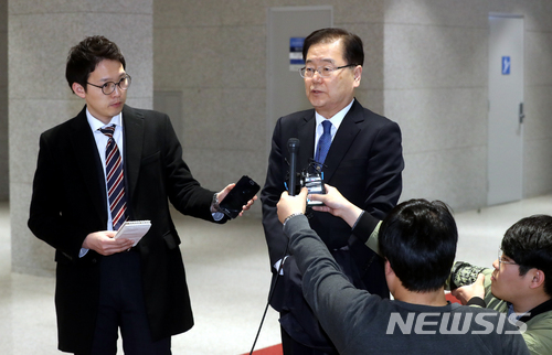 【인천공항=뉴시스】권현구 기자 = 정의용 국가안보실장이 방북·방미 결과를 공유하고자 방문했던 중국과 러시아 일정을 마치고 15일 오전 인천국제공항을 통해 귀국, 취재진 질문에 답변하고 있다. 2018.03.15. stoweon@newsis.com