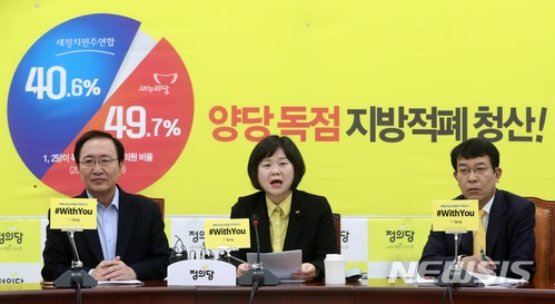 【서울=뉴시스】홍효식 기자 = 정의당 이정미(가운데) 대표가 22일 오전 서울 여의도 국회에서 열린 상무위원회에 참석해 모두발언을 하고 있다. 왼쪽부터 노회찬 원내대표, 이 대표, 김종대 원내대변인. 2018.03.22. yesphoto@newsis.com