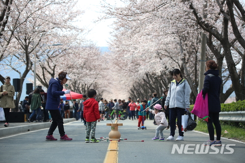 【밀양=뉴시스】안지율 기자 = 경남 밀양시 삼문동은 4월 8일 삼문동 제방길에서 2018년 삼문동 벚꽃 나들이 한마당행사를 개최한다고 28일 밝혔다. 사진은 지난해 축제. 2018.03.28. (사진=밀양시 제공) photo@newsis.com