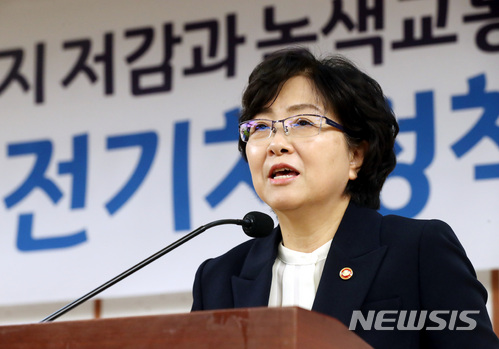 【서울=뉴시스】박영태 기자 = 28일 오전 서울 영등포구 여의도 국회 의원회관에서 진행된 미세먼지 저감과 녹색교통 실현을 위한 수소전기차 정책 토론회에서 김은경 환경부장관이 축사를 하고 있다. 2018.03.28.since1999@newsis.com