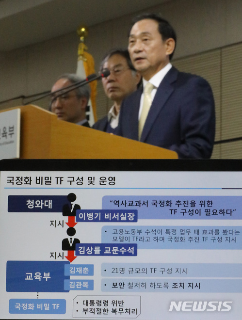 【세종=뉴시스】강종민 기자 = 고석규 역사교과서 국정화 진상조사위원장과 위원들이 28일 오전 정부세종청사에서 역사교과서 국정화 진상조사 결과를 발표하고 있다. 2018.03.28.  ppkjm@newsis.com