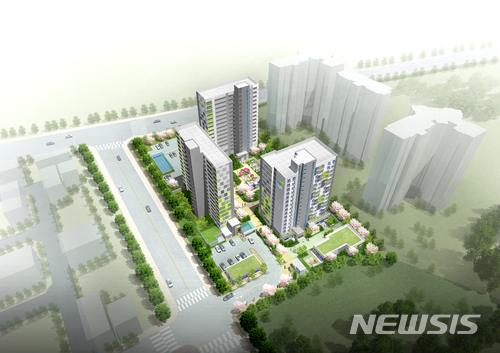  【천안=뉴시스】이종익 기자 = 대학생·청년·신혼부부 등의 주거 불안 해소를 위해 천안시와 LH대전충남지역본부가한 분양하는 450가구의 공공임대주택인 신방 행복주택 조감도. 2018.04.02. (사진=천안시 제공) photo@newsis.com