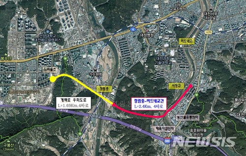 【대전=뉴시스】조명휘 기자 = 대전시는 정림중~버드내교 간 도로개설 사업이 한국개발연구원(KDI) 예비타당성조사를 통과했다고 4일 밝혔다. 사진은 사업구간 위치도. 2018.04.04. (사진= 대전시 제공) photo@newsis.com