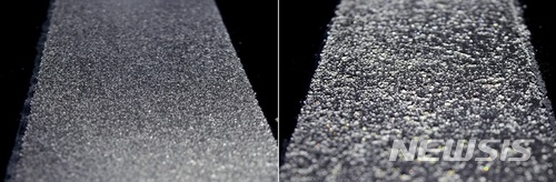 【서울=뉴시스】일반비즈를 넣은 백색선(왼쪽)보다 특수비즈를 넣은 백색선(오른쪽)이 훨씬 밝게 빛나는 것을 볼 수 있다.(사진출처:아사히신문 홈페이지 캡쳐) 2018.04.04.