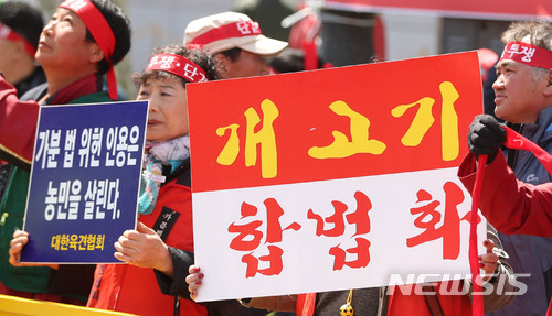 【서울=뉴시스】 추상철 기자 ='가축분뇨법'을 놓고 개농장주와 동물단체의 맞불집회가 펼쳐졌다. 4일 오후 서울 종로구 안국역 앞에서 대한육견협회가 '가축분뇨법 위헌 헌법소원 인용'과 '개고기 합법화'를 촉구하고 있다. 2018.04.04. scchoo@newsis.com