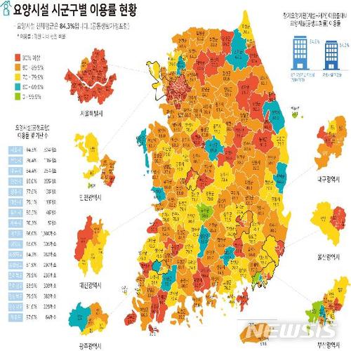 【세종=뉴시스】지난해 노인요양시설(공생포함) 시군구별 이용률. 2018.04.10.  (그래픽 = 보건복지부 제공) photo@newsis.com