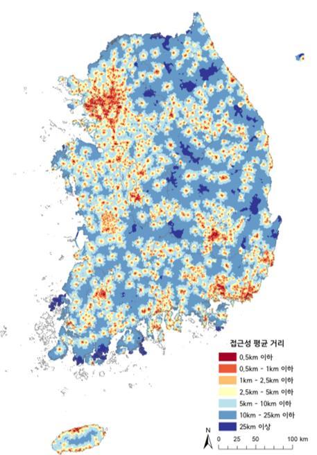 【서울=뉴시스】교통시설(주차장) 접근성 지표. 지표정의: 최근린 교통시설(주차장)까지의 도로 이동거리. 원천자료: 교통안전공단 교통안전연구개발원(2017년1월). 분석단위: 500m×500m격자 (제공=국토교통부)