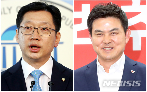 【서울=뉴시스】정윤아 기자 = 6.13지방선거 경남지사 김경수 더불어민주당 후보(사진 왼쪽)와 김태호 자유한국당 후보.2018.04.12