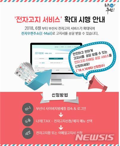  【부산=뉴시스】허상천 기자 =&nbsp; 부산시는 지방세 고지서를 전자우편주소(E-Mail)로 받을 수 있는 전자고지 이메일 송달 서비스를 6월부터 시행한다고 13일 밝혔다.2018.04.13. (포스터 = 부산시 제공) photo@newsis.com