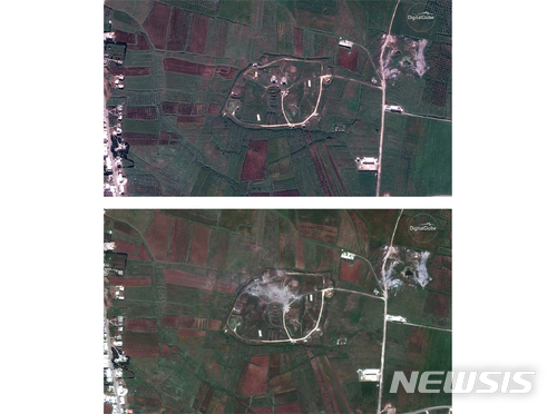 【워싱턴=AP/뉴시스】미국 민간위성 디지털 글로브가 찍은 시리아 홈스 인근 '힘 신샤르 화학무기 단지'의 폭격 전(위)과 폭격 후 사진. 14일에 찍은 아래 사진을 보면 미국과 영국, 프랑스 군의 폭격으로 2곳이 파괴돼 있는 것이 보인다.  2018.04.15 
