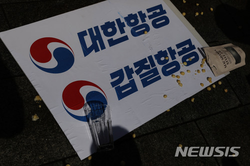 【서울=뉴시스】최동준 기자 = 민중당 서울시당이 16일 서울 중구 한진그룹 앞에서 '조현민 대한항공 전무 폭력행위 의혹 항의서한 전달 기자회견'을 마치고 퍼포먼스를 하고 있다. 2018.04.16. photocdj@newsis.com