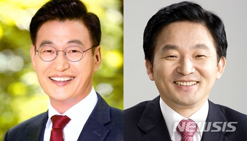 【제주=뉴시스】우장호 기자 = 오는 6·13 전국동시지방선거 제주도지사 선거에 출마를 선언한 더불어민주당 문대림(왼쪽) 후보와 바른미래당을 탈당해 무소속으로 재선에 도전하는 원희룡 현 제주지사. 가나다순. (사진=뉴시스DB) woo1223@newsis.com