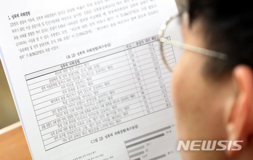 【서울=뉴시스】조성봉 기자 = 18일 오전 서울 중구 정동 민주노총 교육원에서 열린 2018 방송제작현장 성폭력 실태조사 결과발표 기자회견에서 한 참석자가 결과내용을 살펴보고 있다. 2018.04.18. suncho21@newsis.com
