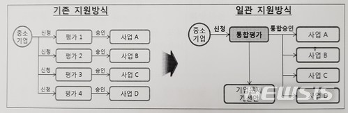 【창원=뉴시스】 홍정명 기자 = 25일 경남지방중소벤처기업청은 기존 사업별 개별 신청·평가하는 방식에서 기업이 희망하는 여러 사업을 일괄 신청·평가하는 방식의 ‘중소기업 일관지원사업’을 시범적으로 추진한다고 밝혔다. 그림은 '중소기업 일관지원사업 지원 방식' 개념도.2018.04.25.(그림=경남지방중소벤처기업청 제공) photo@newsis.com